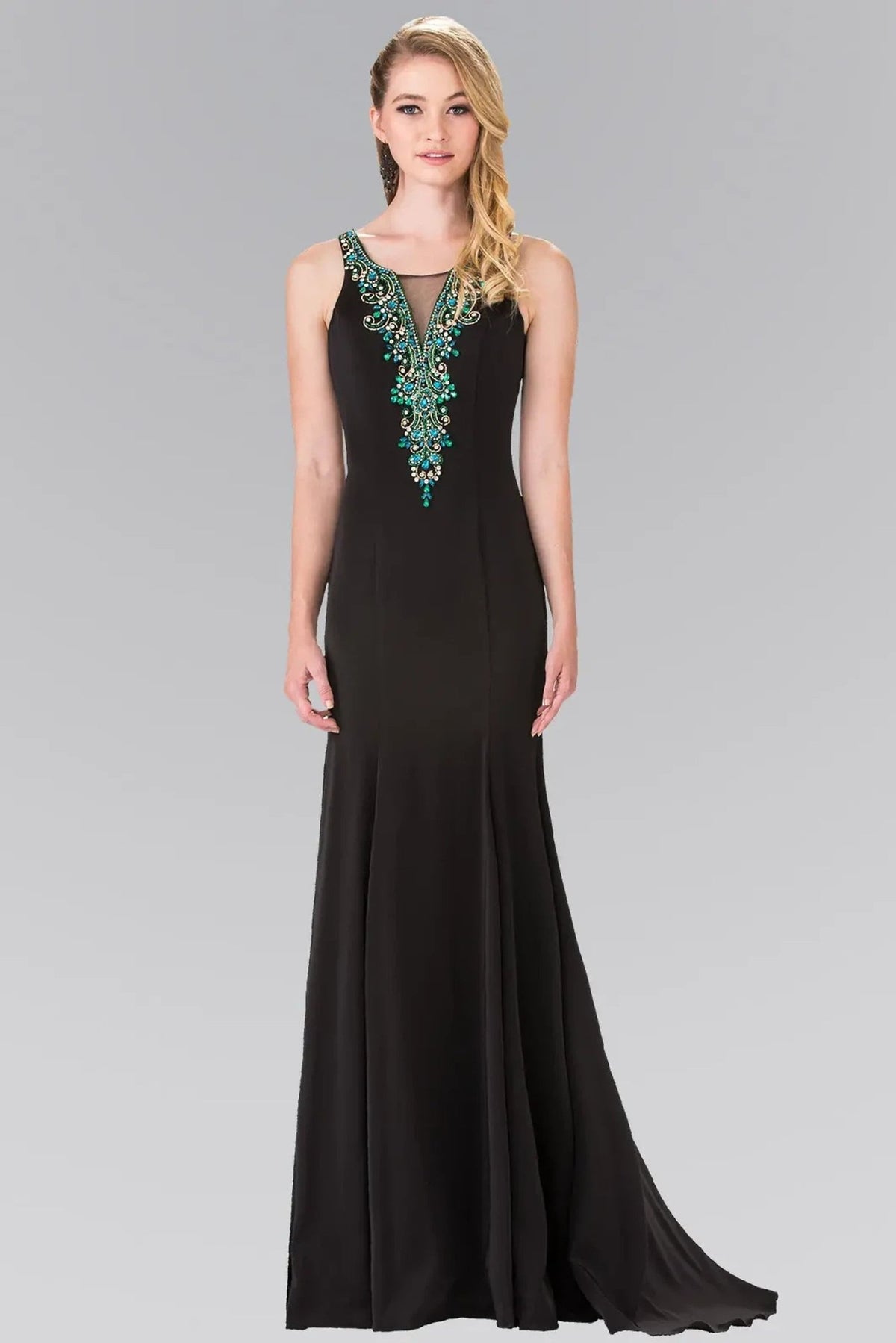 Black beading embellished formal dress front bodice view