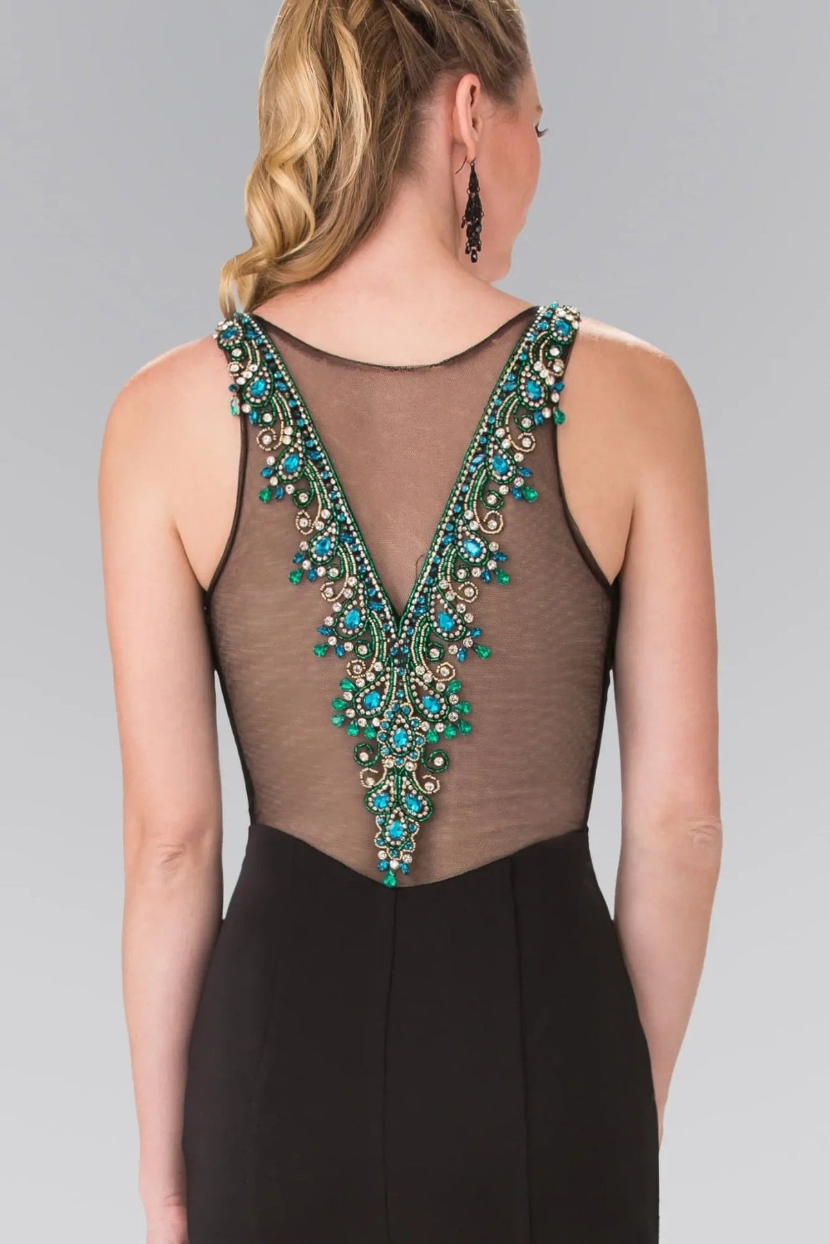 Black beading embellished formal dress detail