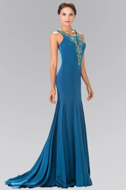 Side profile shows teal beading embellished formal dress side detail.
