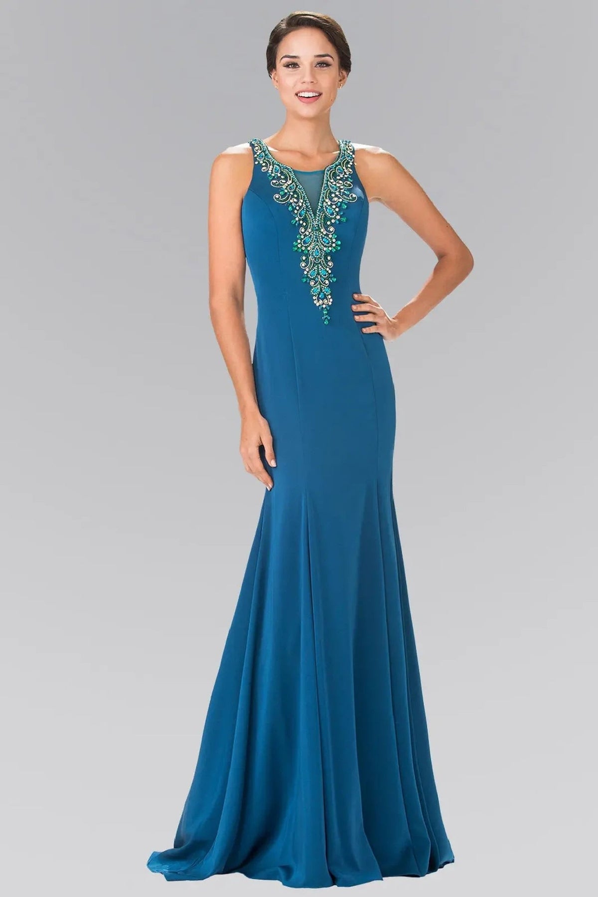 Teal beading embellished formal dress full front view