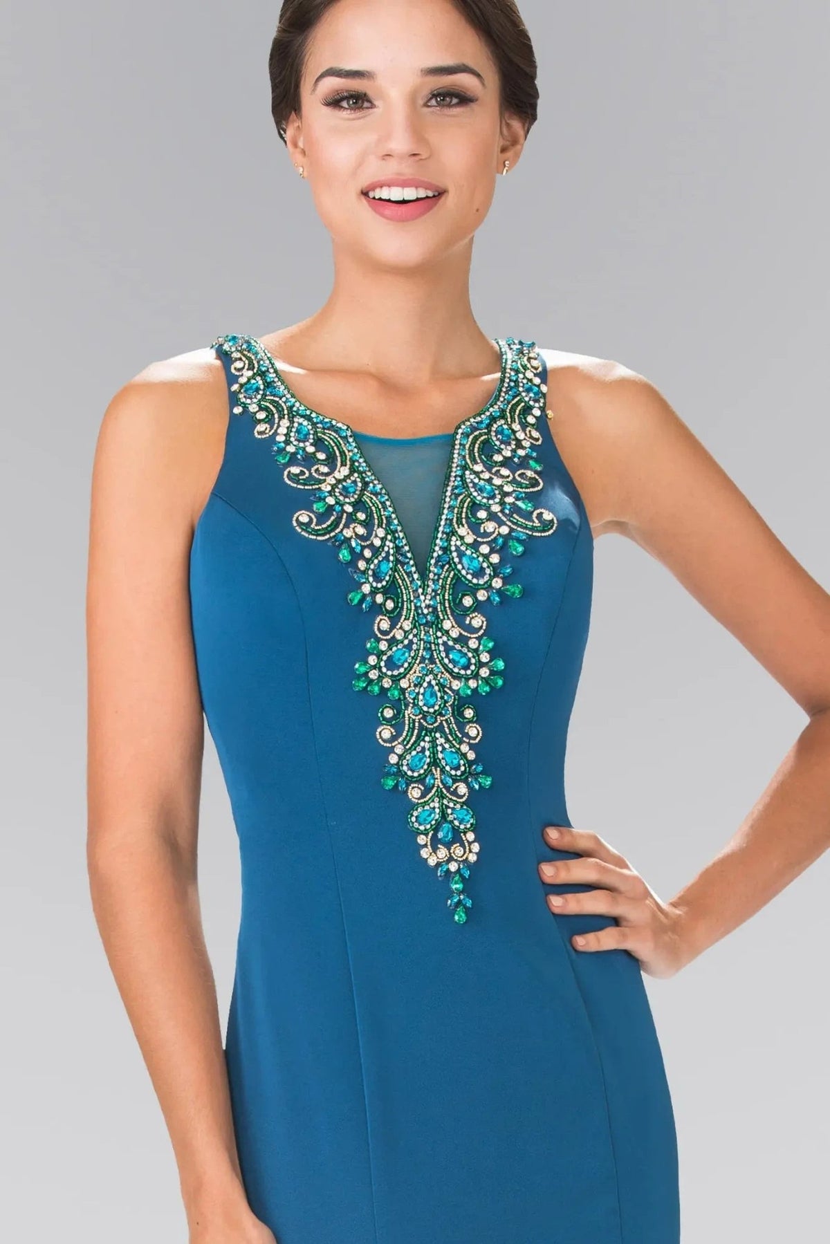 Teal beading embellished formal dress full back view