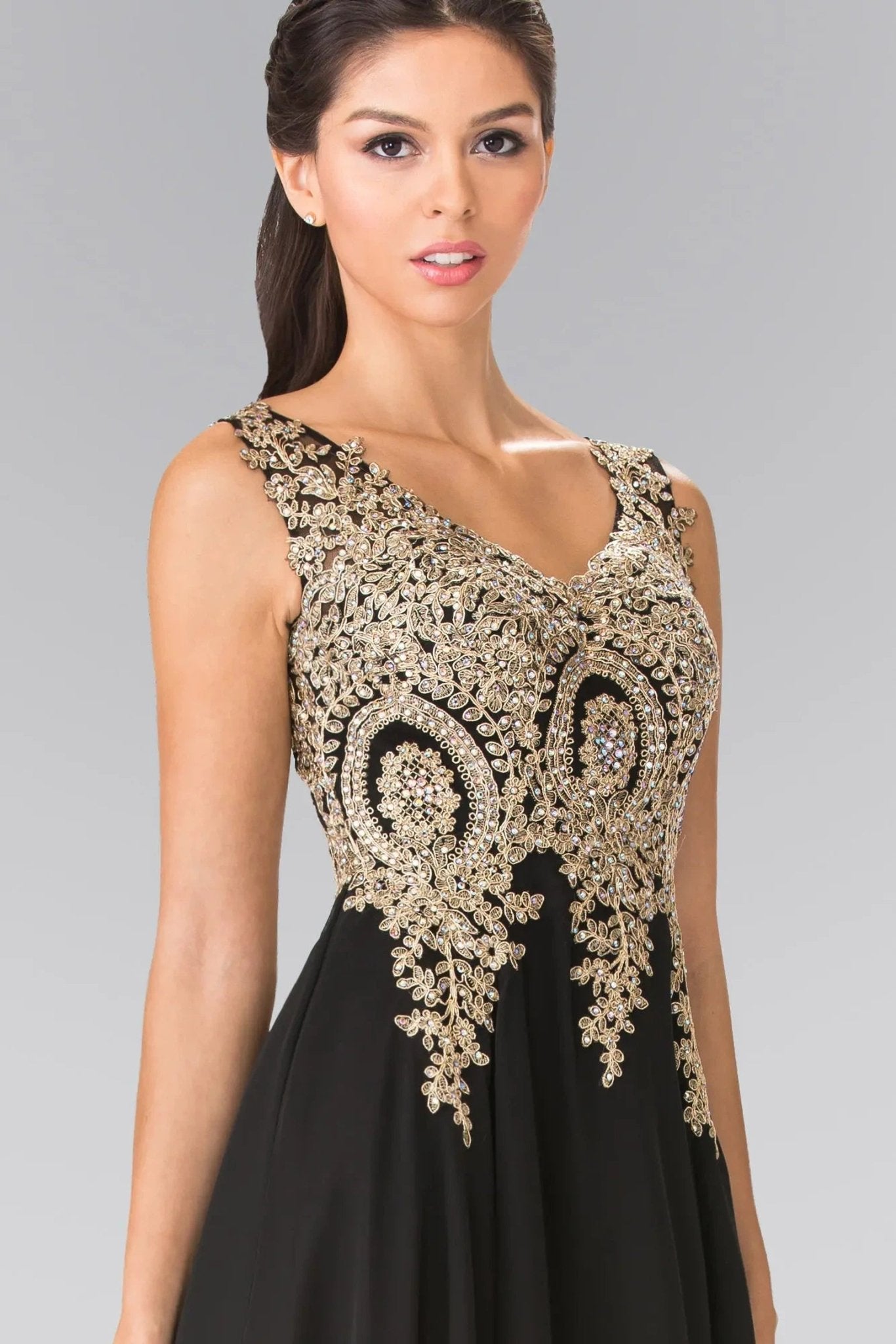 Black beading embroidery formal dress side detail