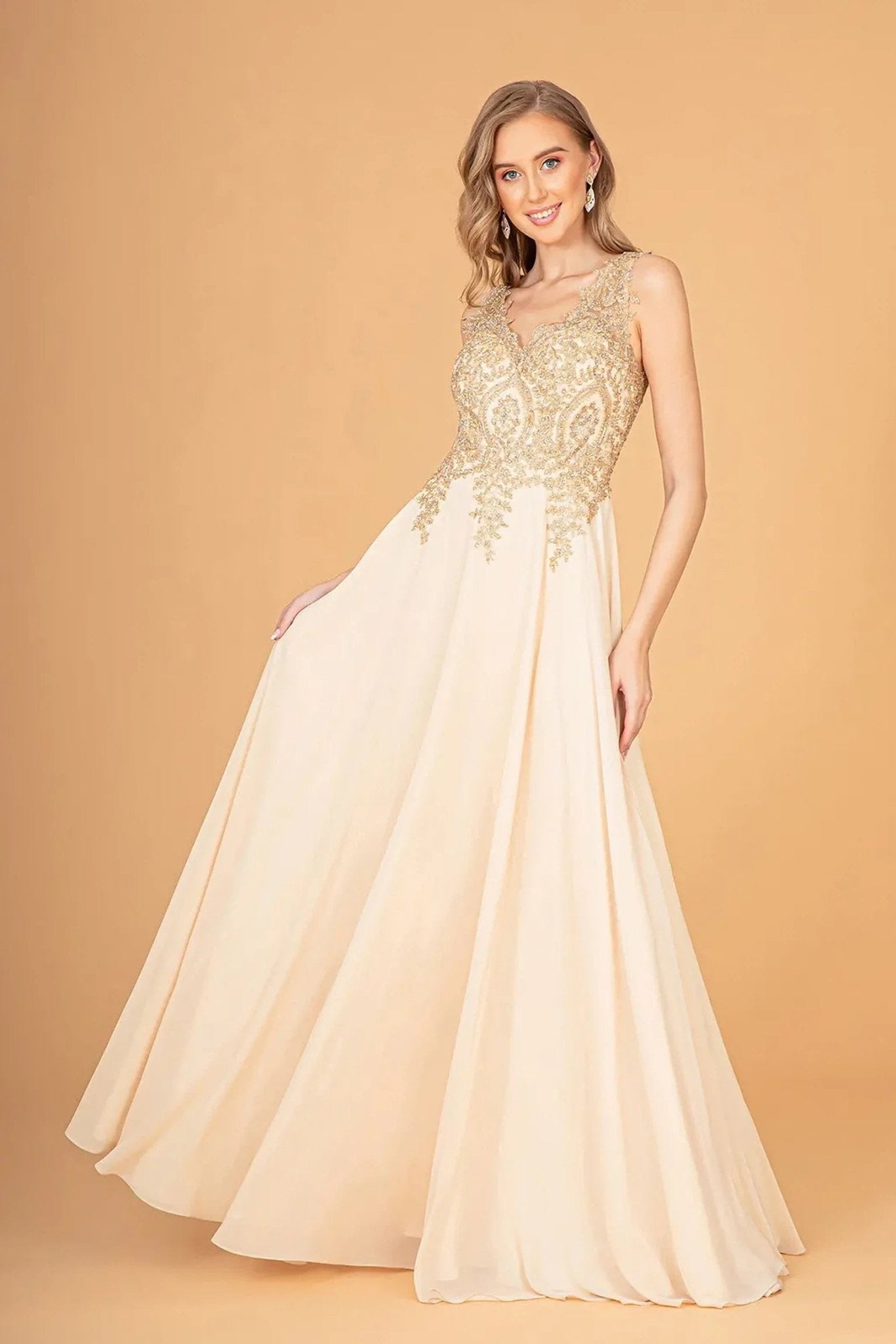 Champagne beading embroidery formal dress front bodice view