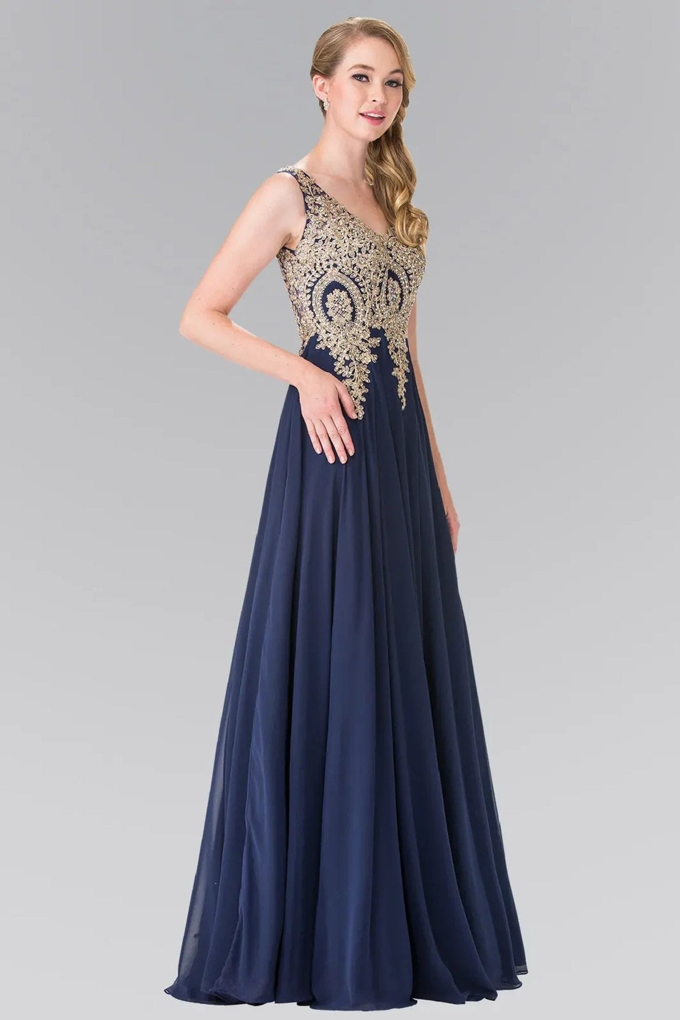 Navy beading embroidery formal dress full front view