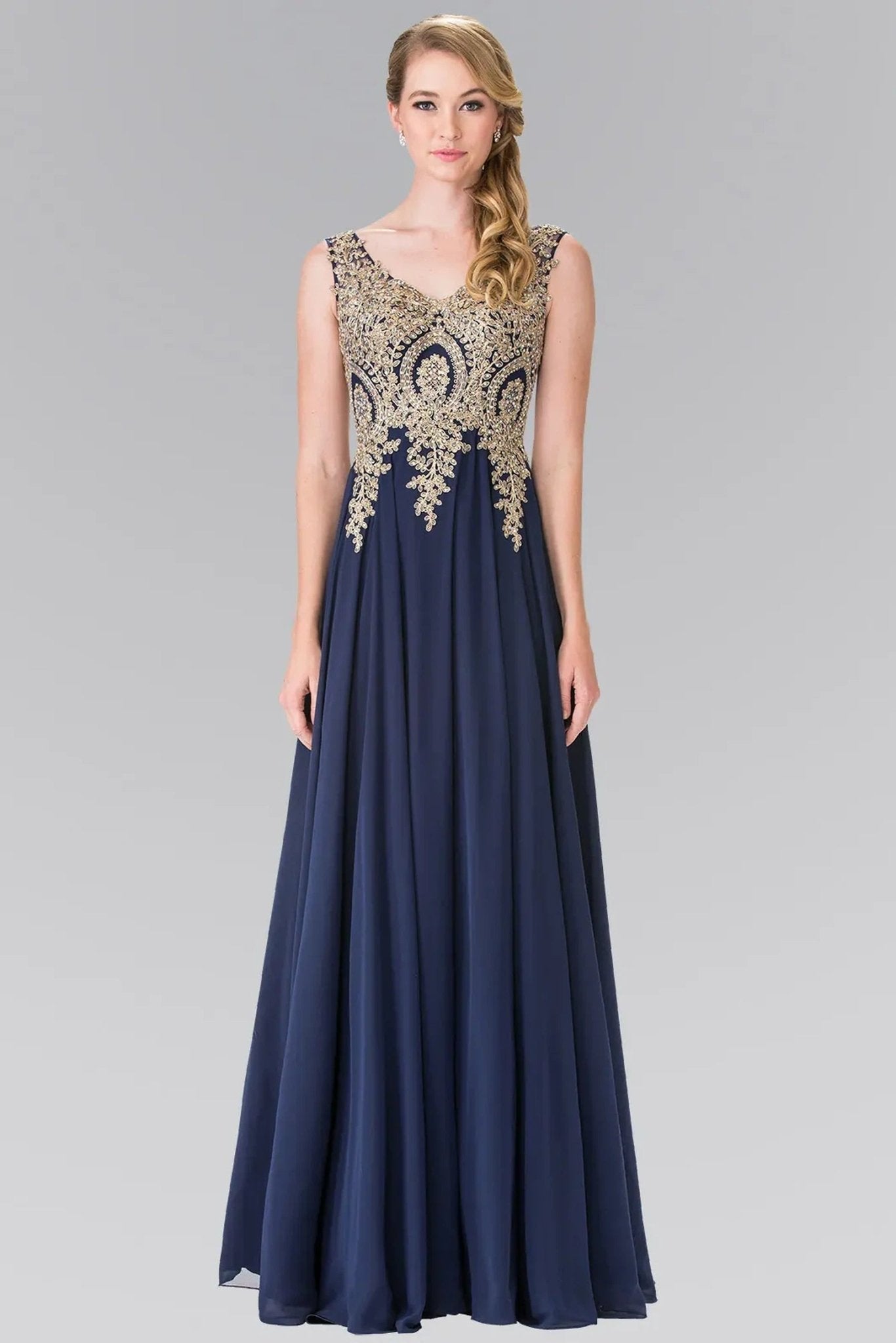 Navy beading embroidery formal dress front bodice view