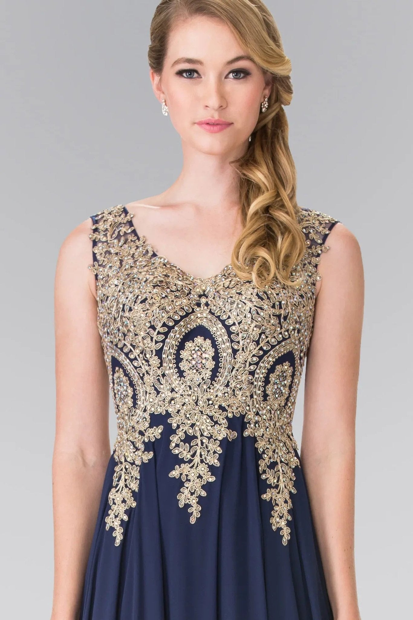Navy beading embroidery formal dress back bodice detail