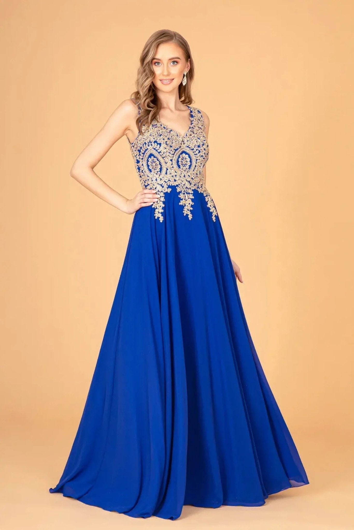 Royal Blue beading embroidery formal dress full front view