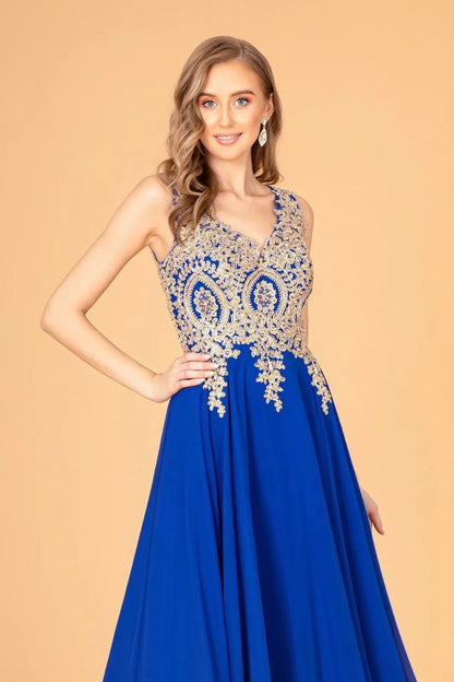 Back detail shows royal Blue beading embroidery formal dress back bodice detail.