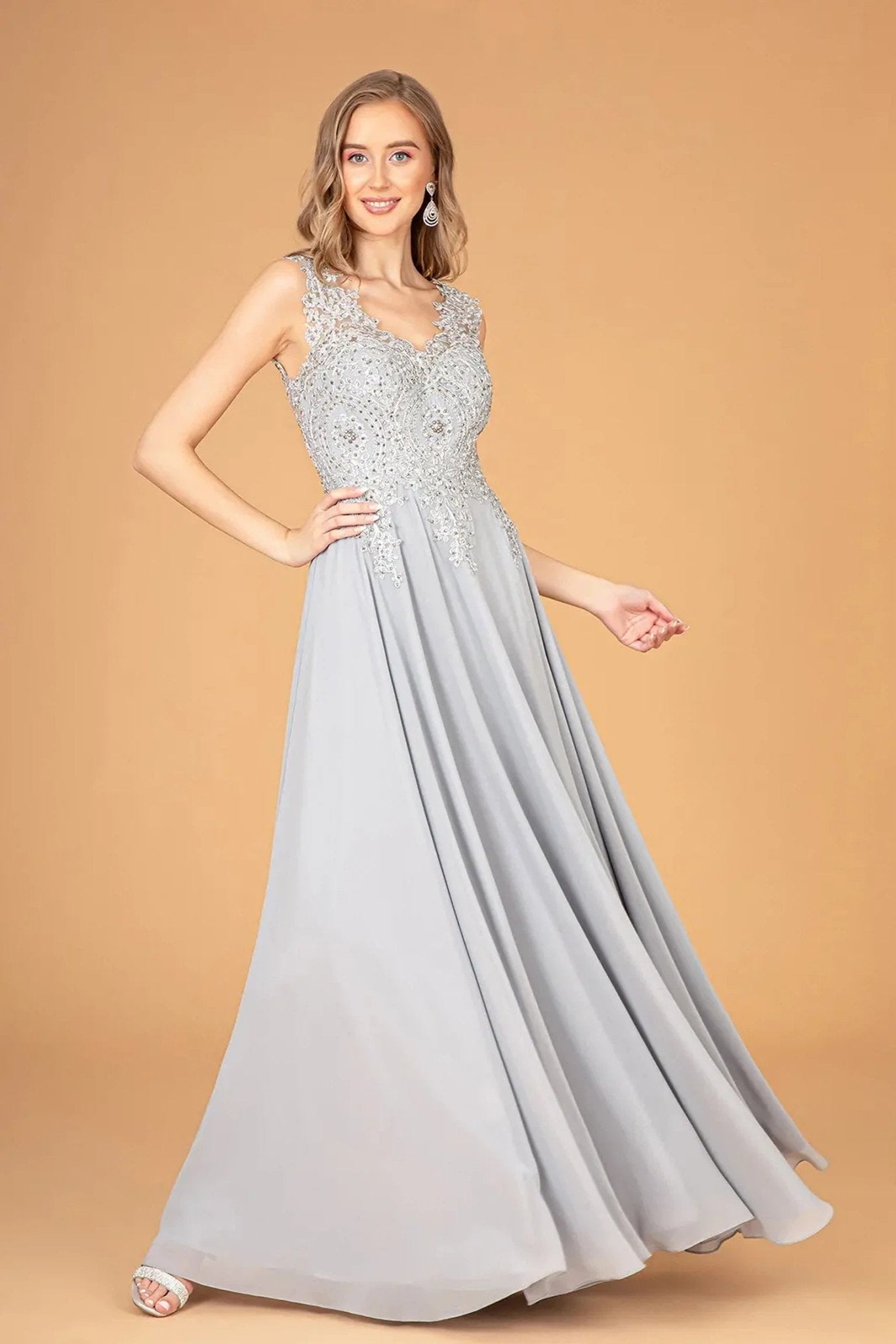 Silver beading embroidery formal dress full front view