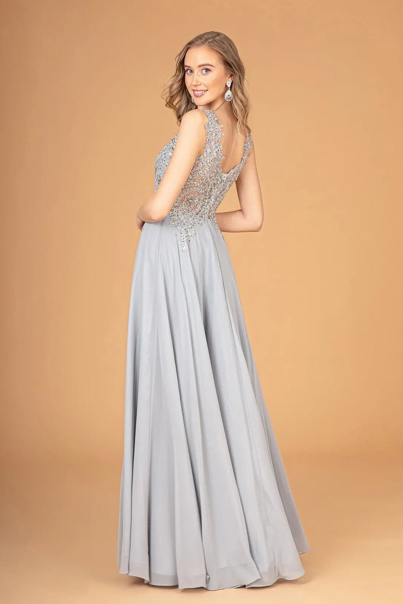 Silver beading embroidery formal dress detail
