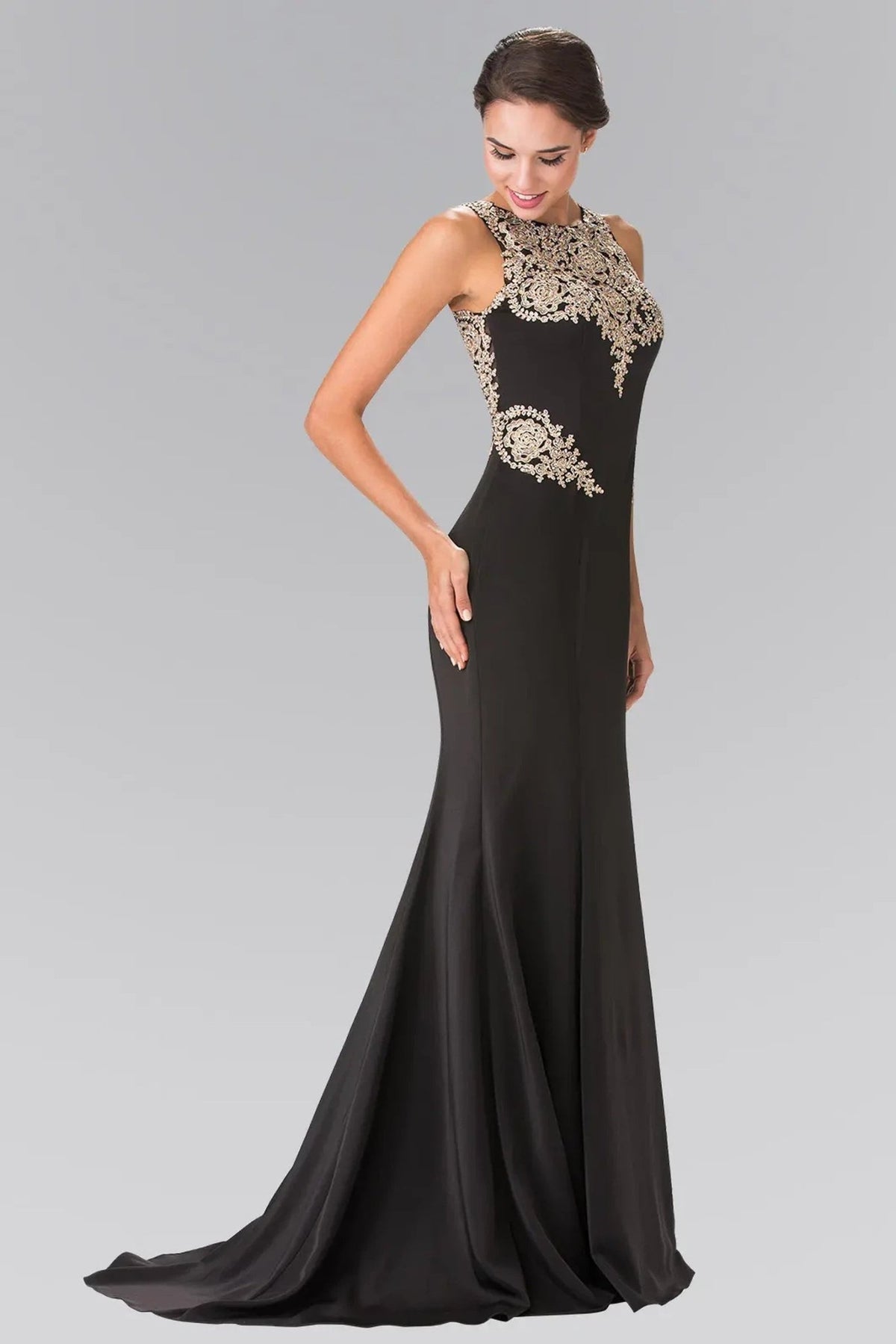 Black beading embroidery formal dress full front view
