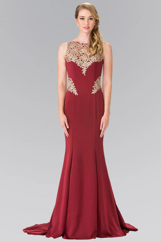 Bodice close-up highlights burgundy beading embroidery formal dress.