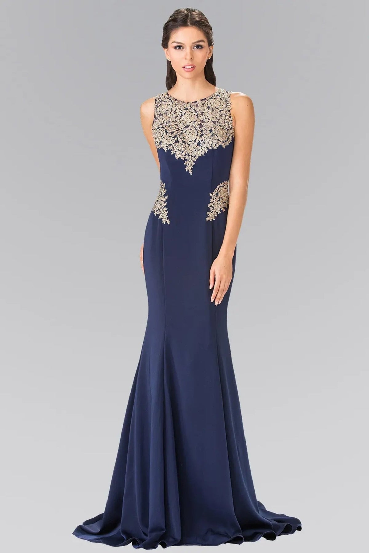 Navy beading embroidery formal dress front bodice view