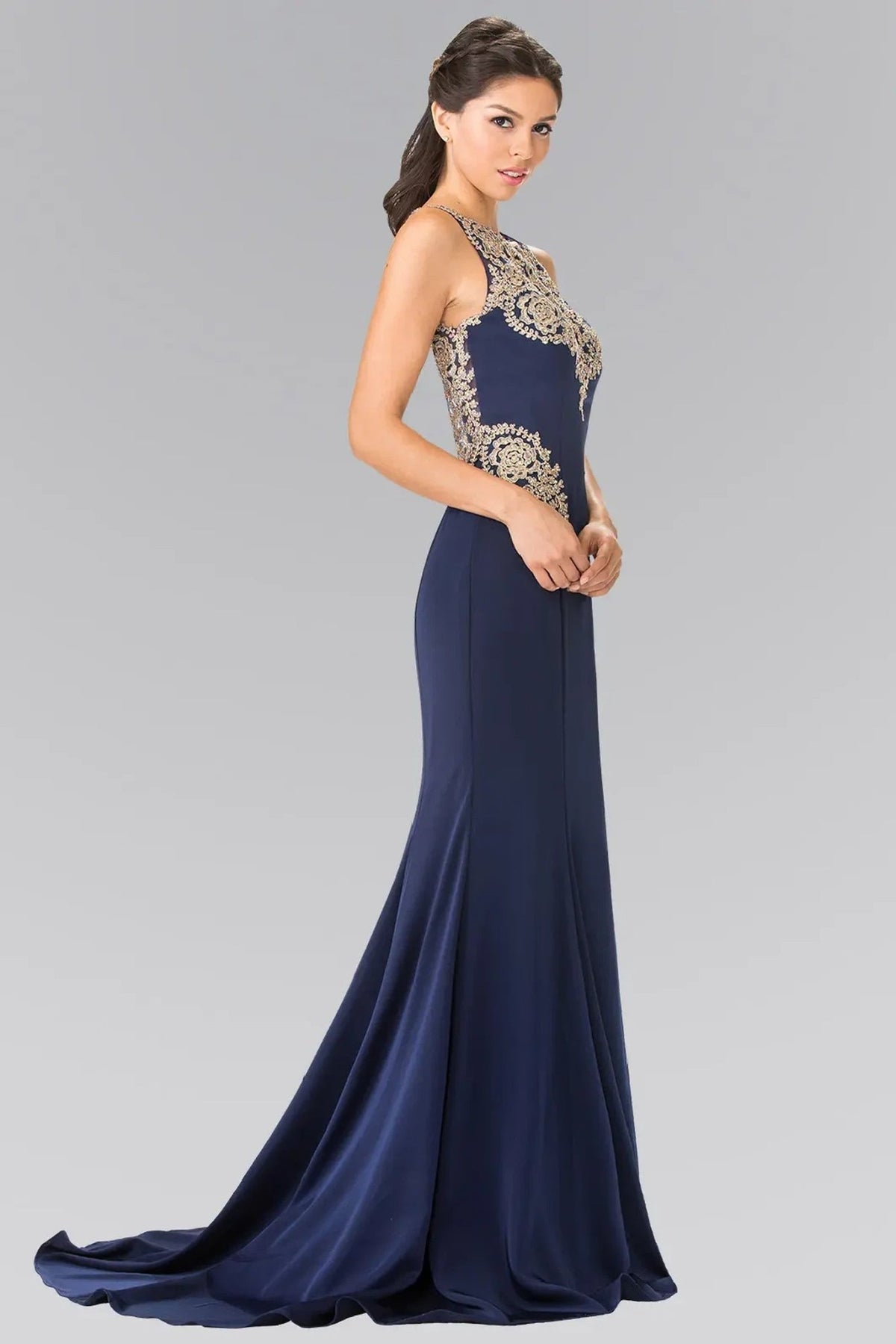 Navy beading embroidery formal dress side detail