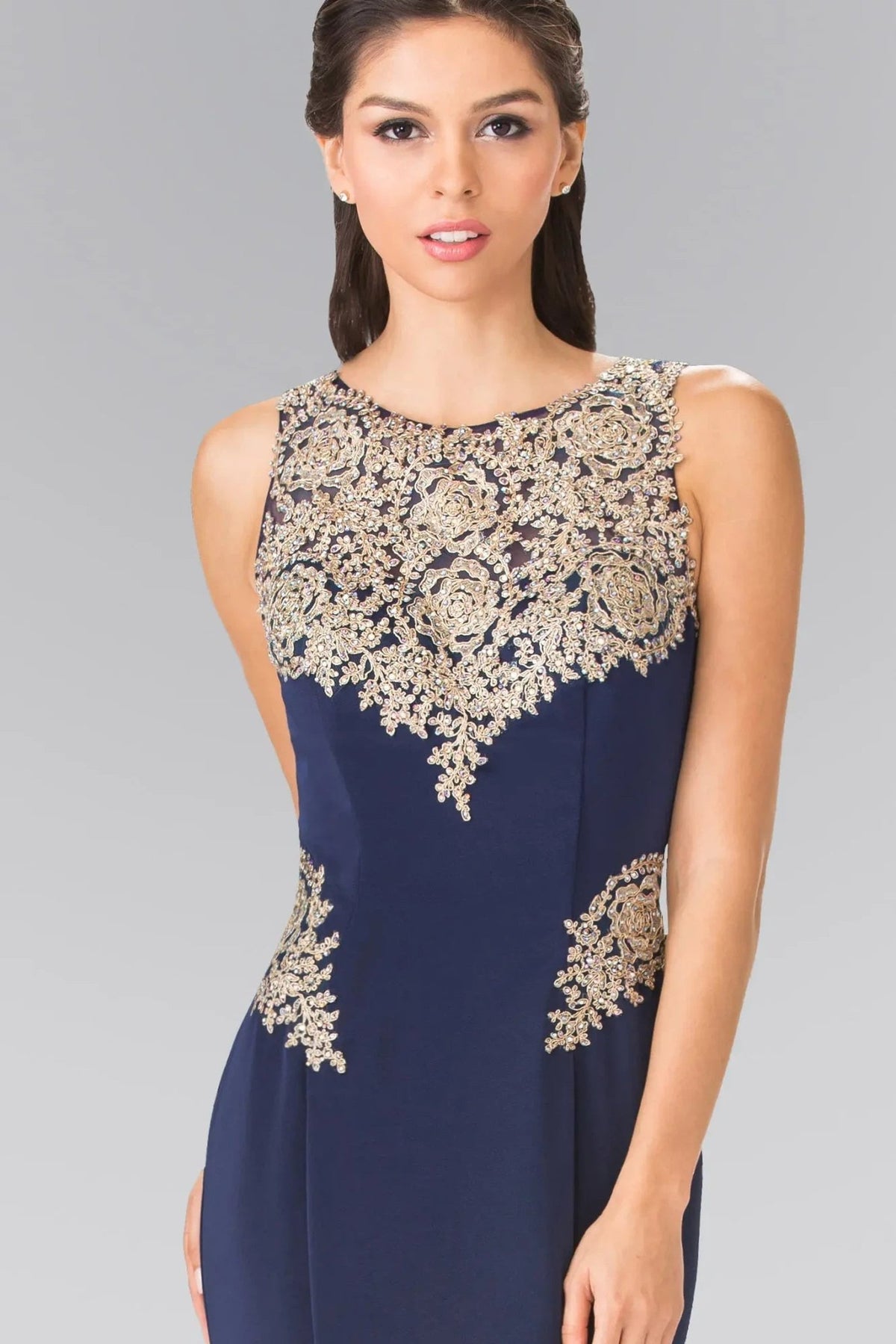 Navy beading embroidery formal dress back bodice detail