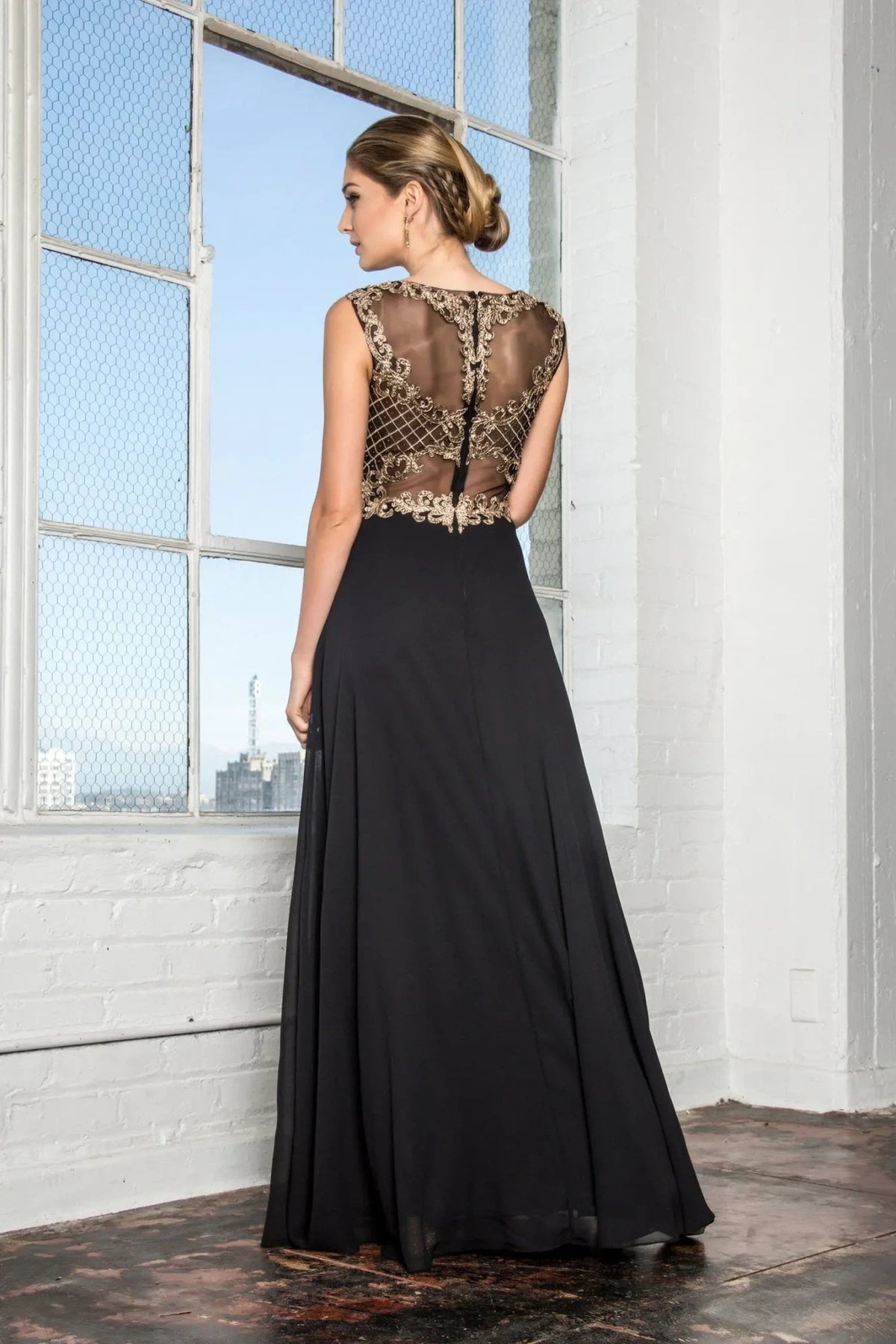 Black beading embroidery formal dress full front view