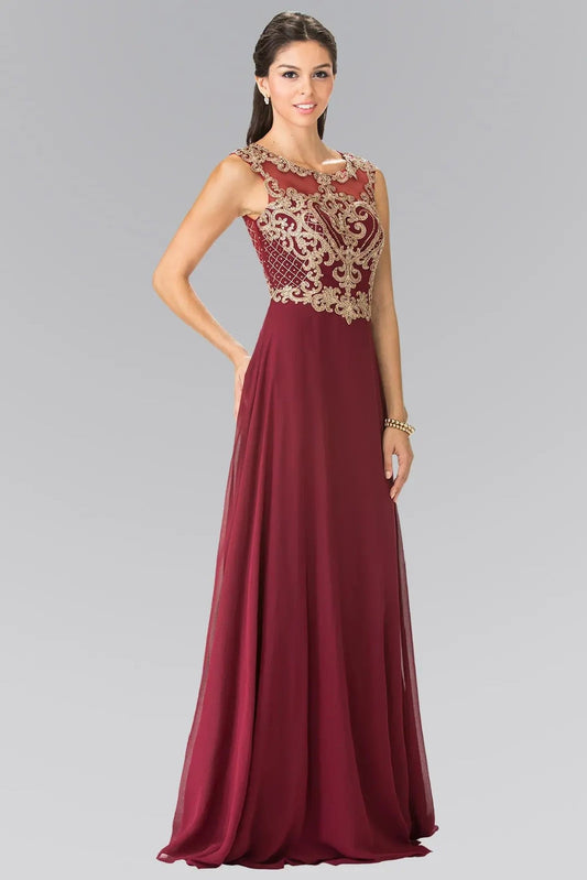Side profile shows burgundy beading embroidery formal dress side detail.