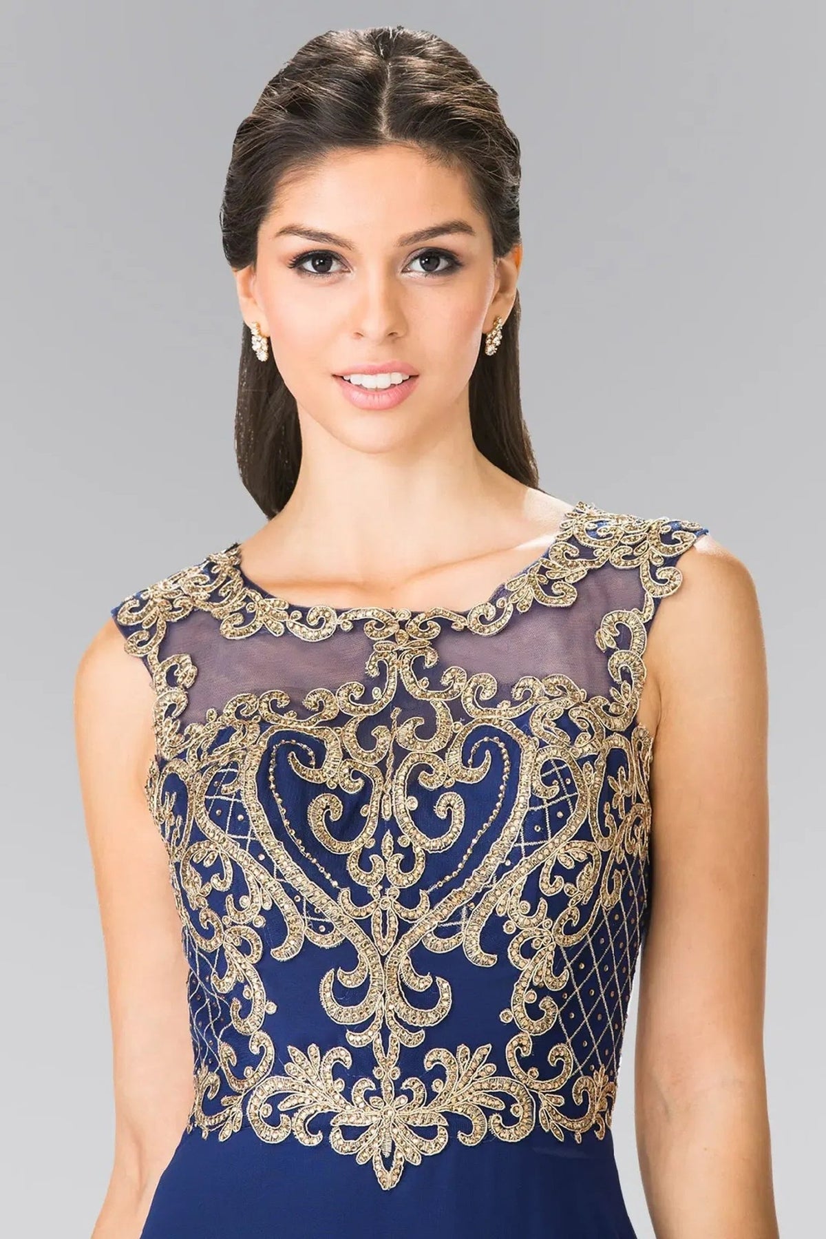 Navy beading embroidery formal dress full front view