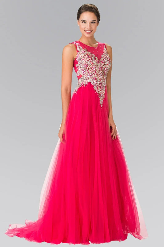Full-length view highlights fuchsia beading embroidery formal dress.
