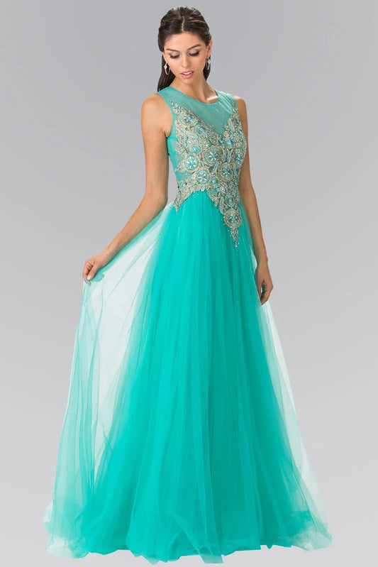 Rear view reveals tiffany beading embroidery formal dress.