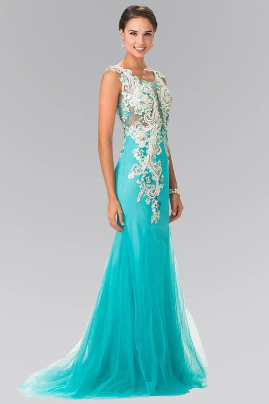 Rear view reveals aqua beading embellished embroidery formal dress.