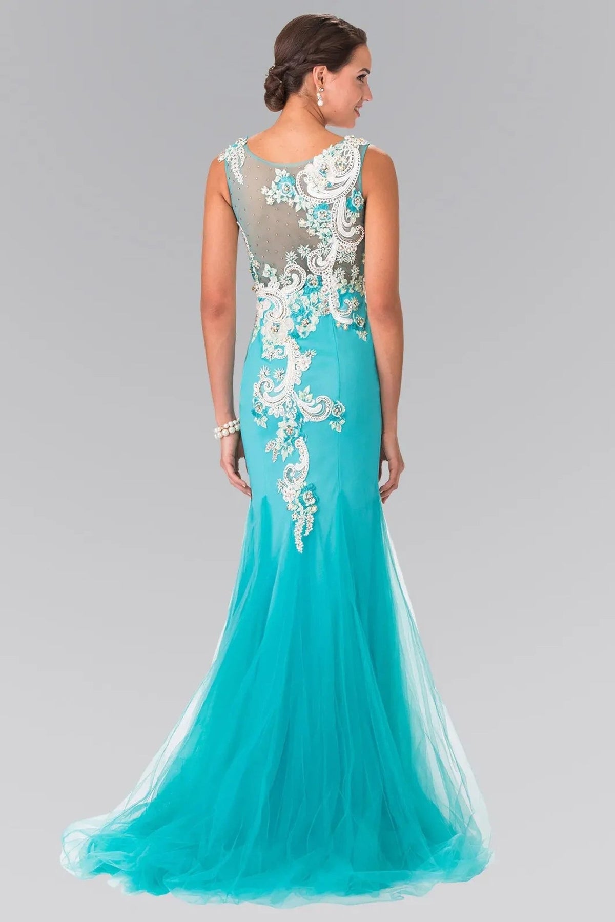 Aqua beading embellished embroidery formal dress side detail