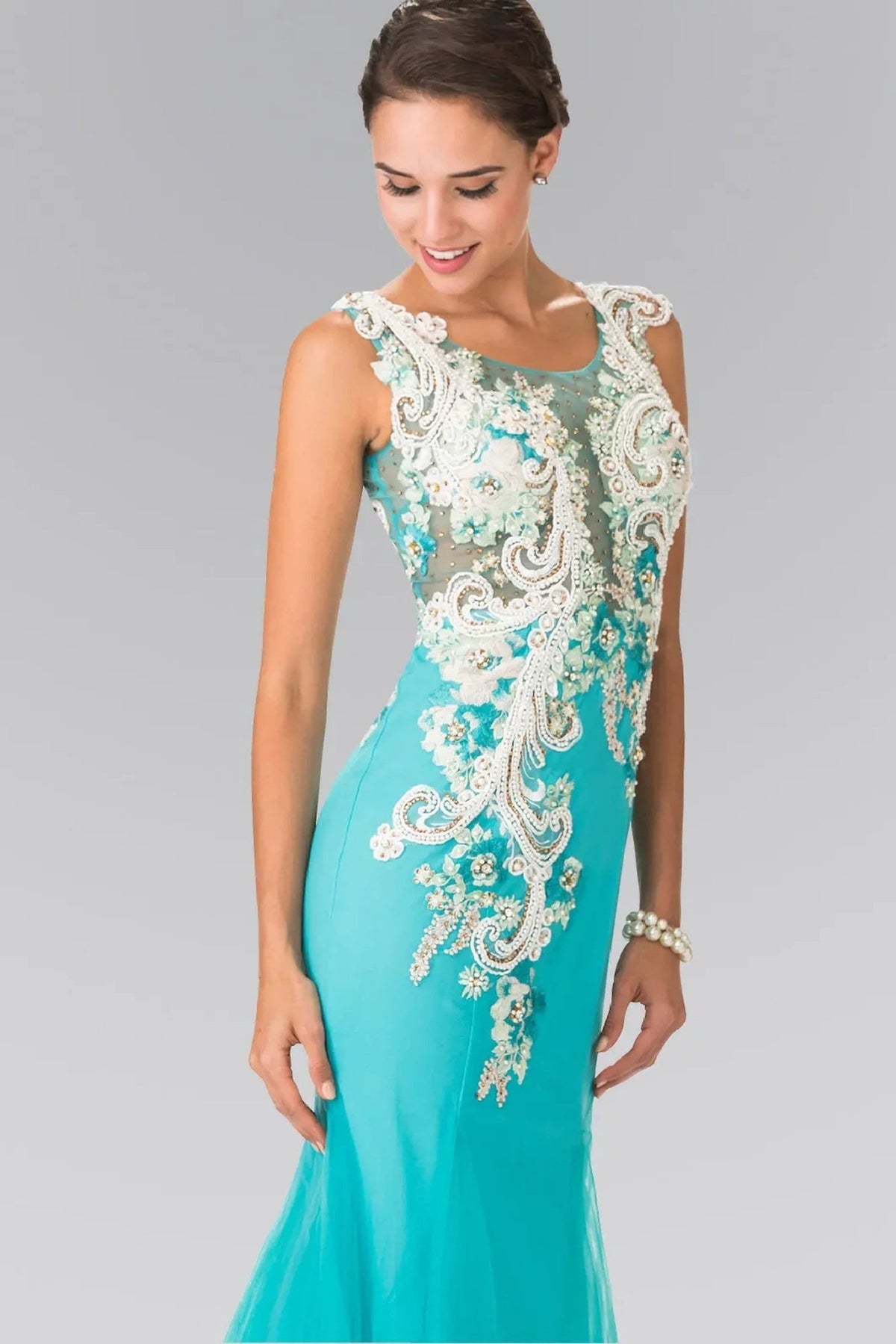 Aqua beading embellished embroidery formal dress skirt detail
