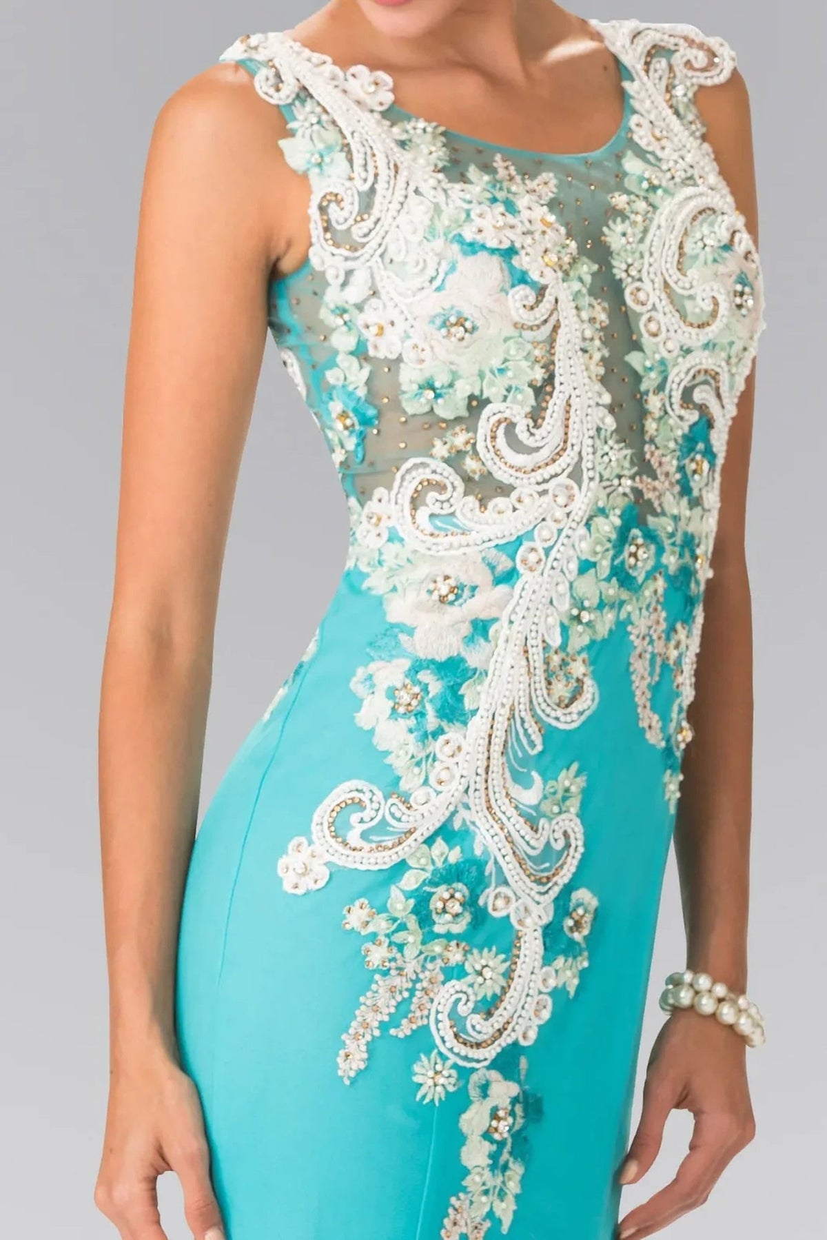 Aqua beading embellished embroidery formal dress detail