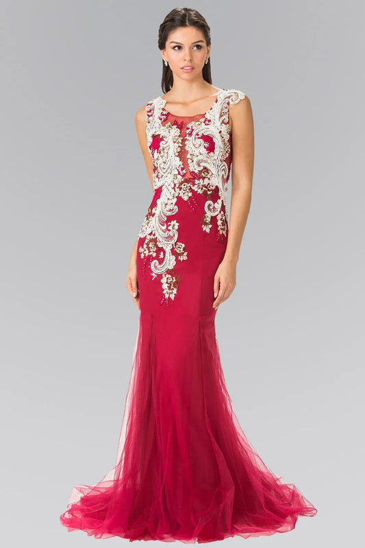 Skirt detail shows burgundy beading embellished embroidery formal dress skirt detail.