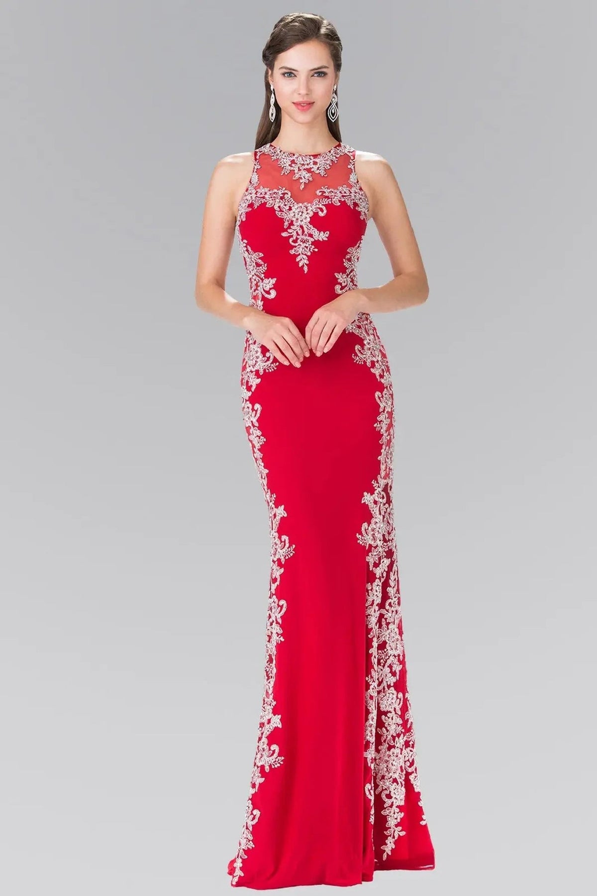 Red beading embroidery formal dress front bodice view