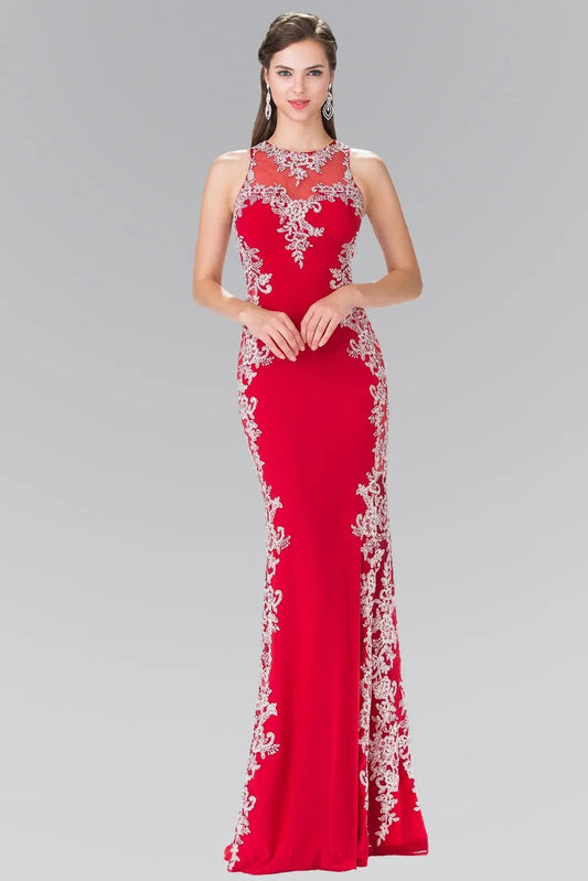 Bodice close-up highlights red beading embroidery formal dress.