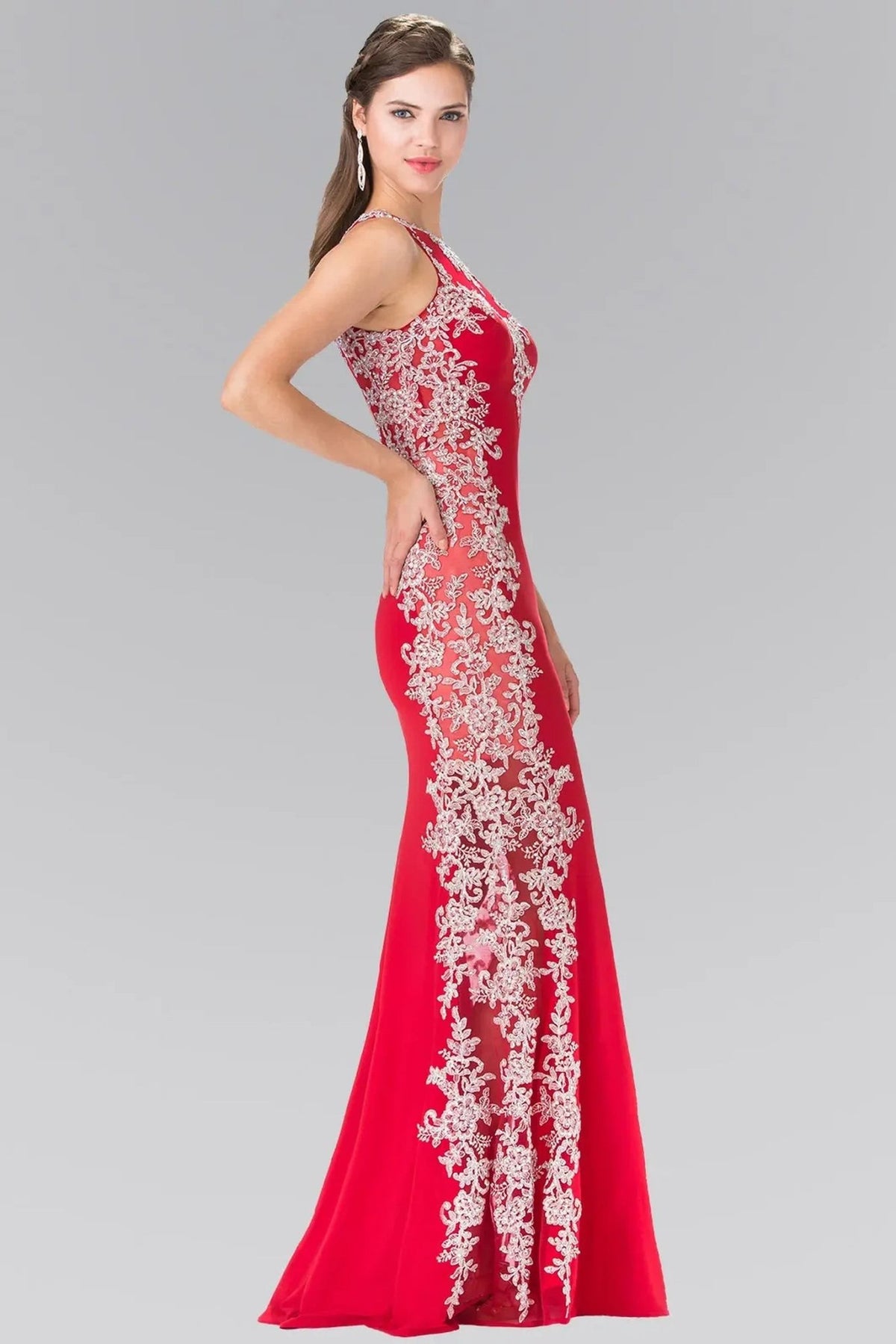 Red beading embroidery formal dress back bodice detail