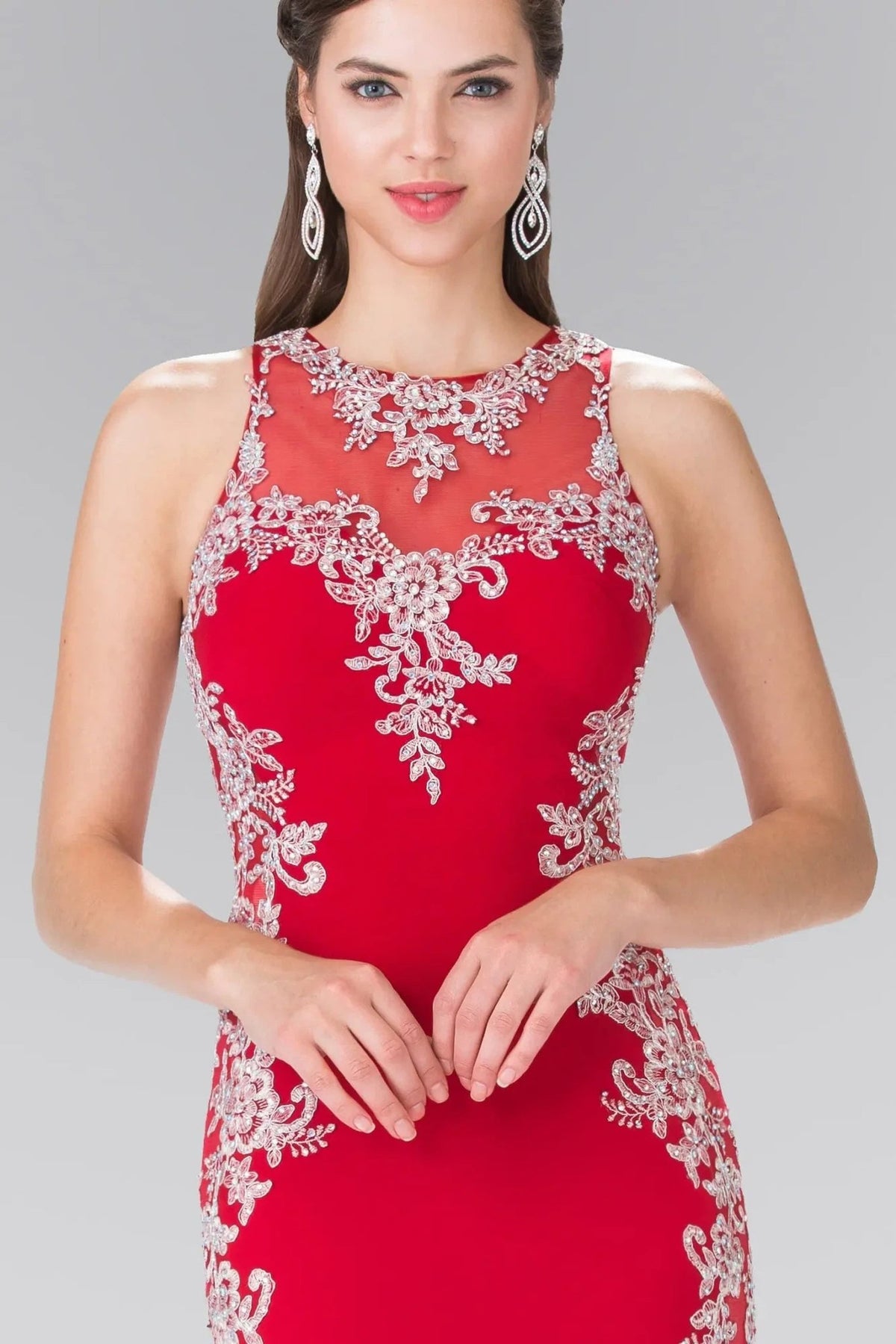 Red beading embroidery formal dress side detail
