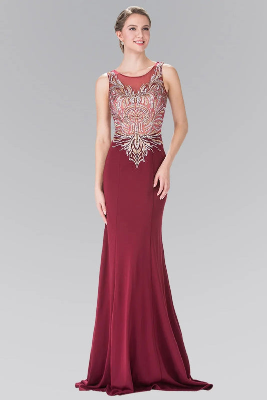Rear view reveals burgundy beading embroidery formal dress.