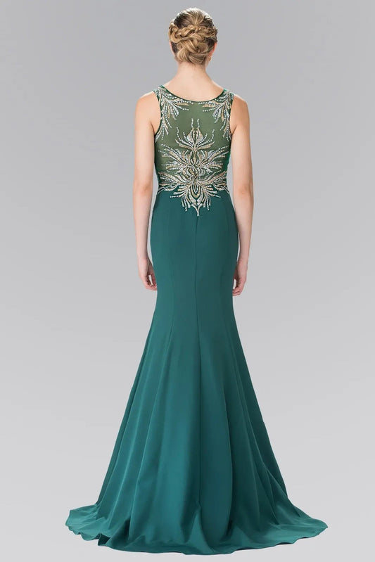 Skirt detail shows green beading embroidery formal dress skirt detail.