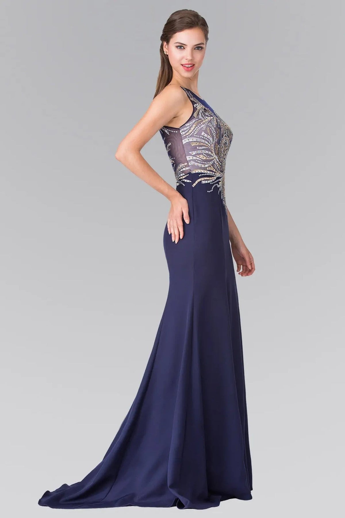 Navy beading embroidery formal dress full front view