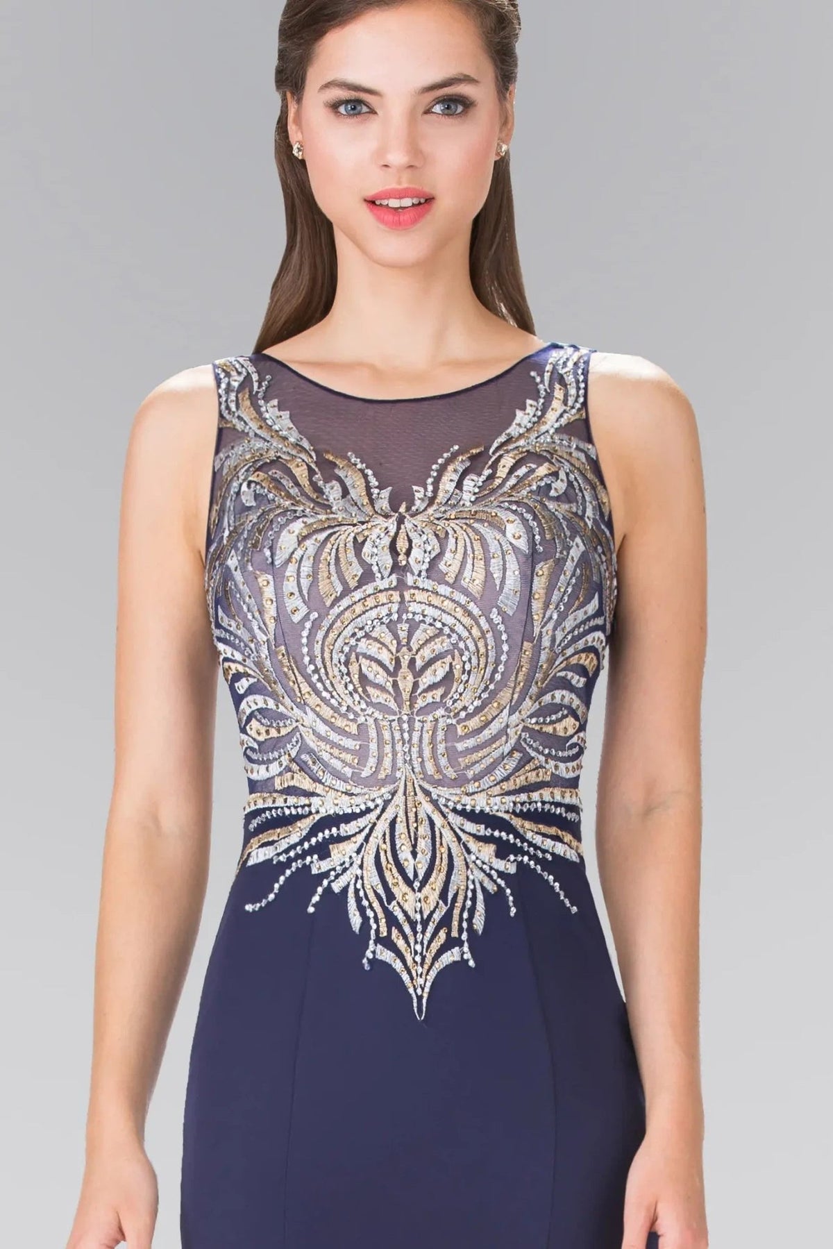 Navy beading embroidery formal dress back bodice detail