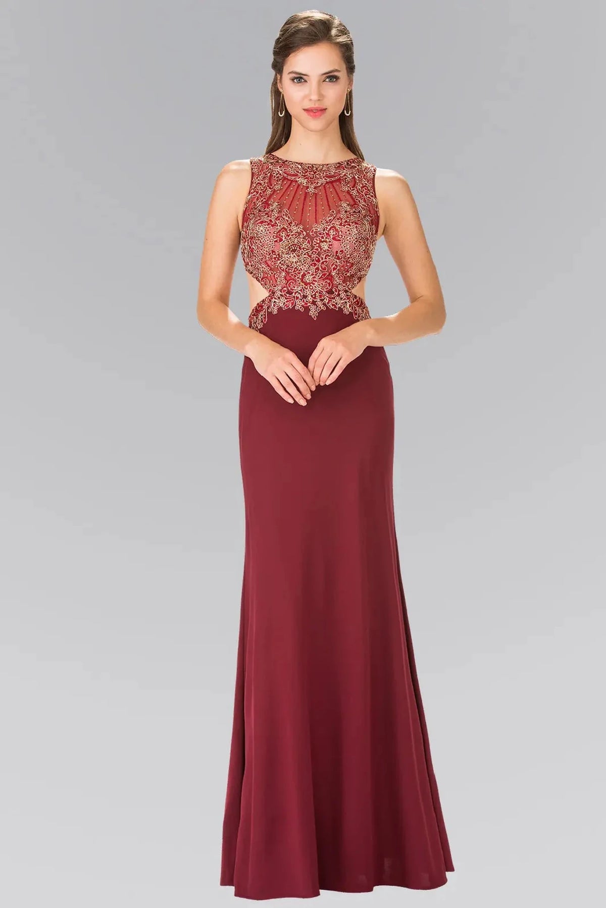 Burgundy embroidered prom evening dress full front