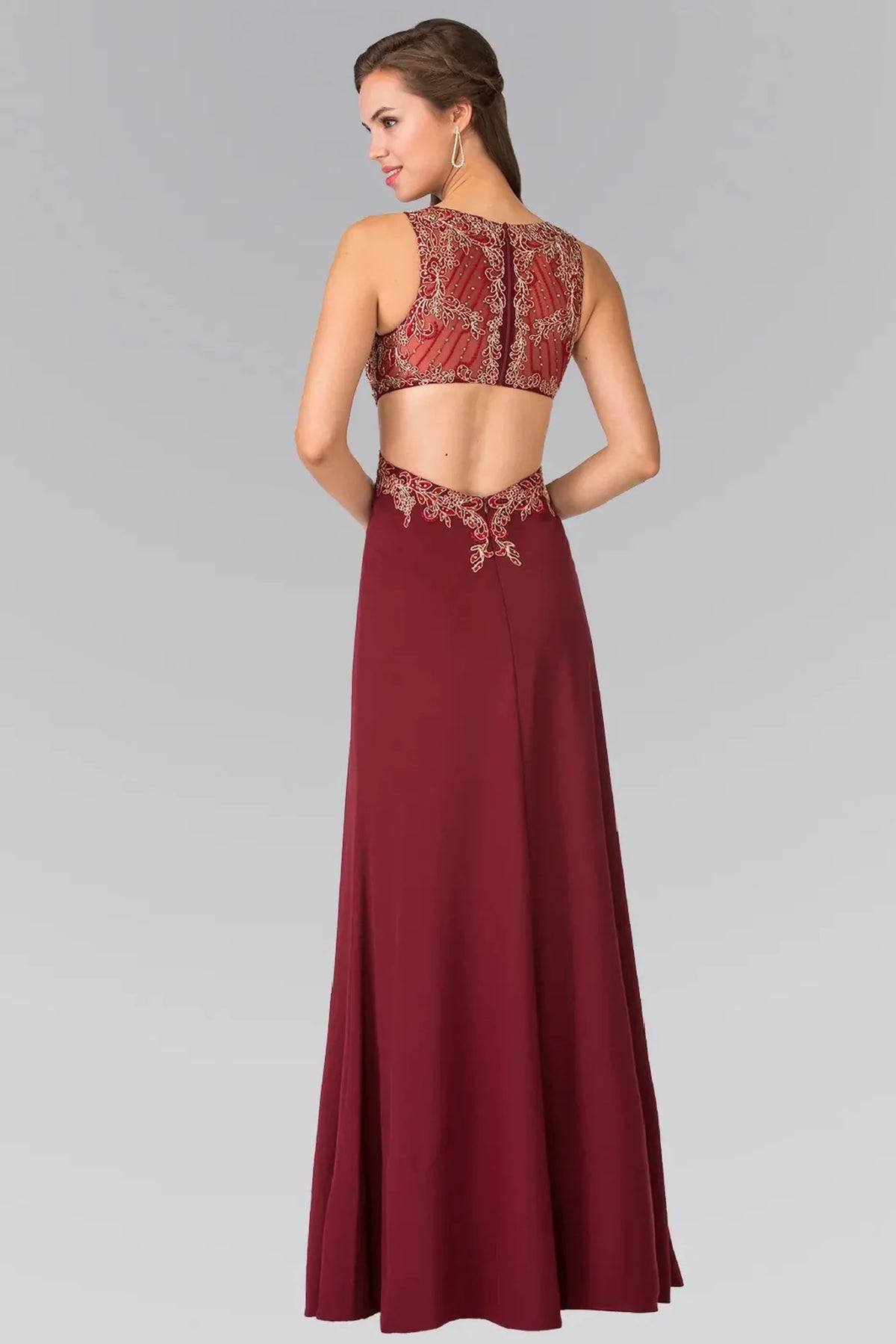 Burgundy prom evening dress full back with sheer back