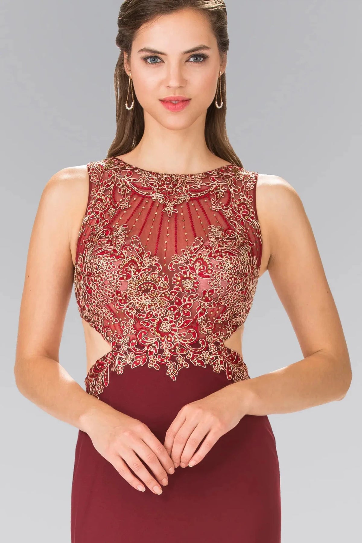 Burgundy boat-neck prom evening dress upper front with embroidery, sheer detail, cut-out