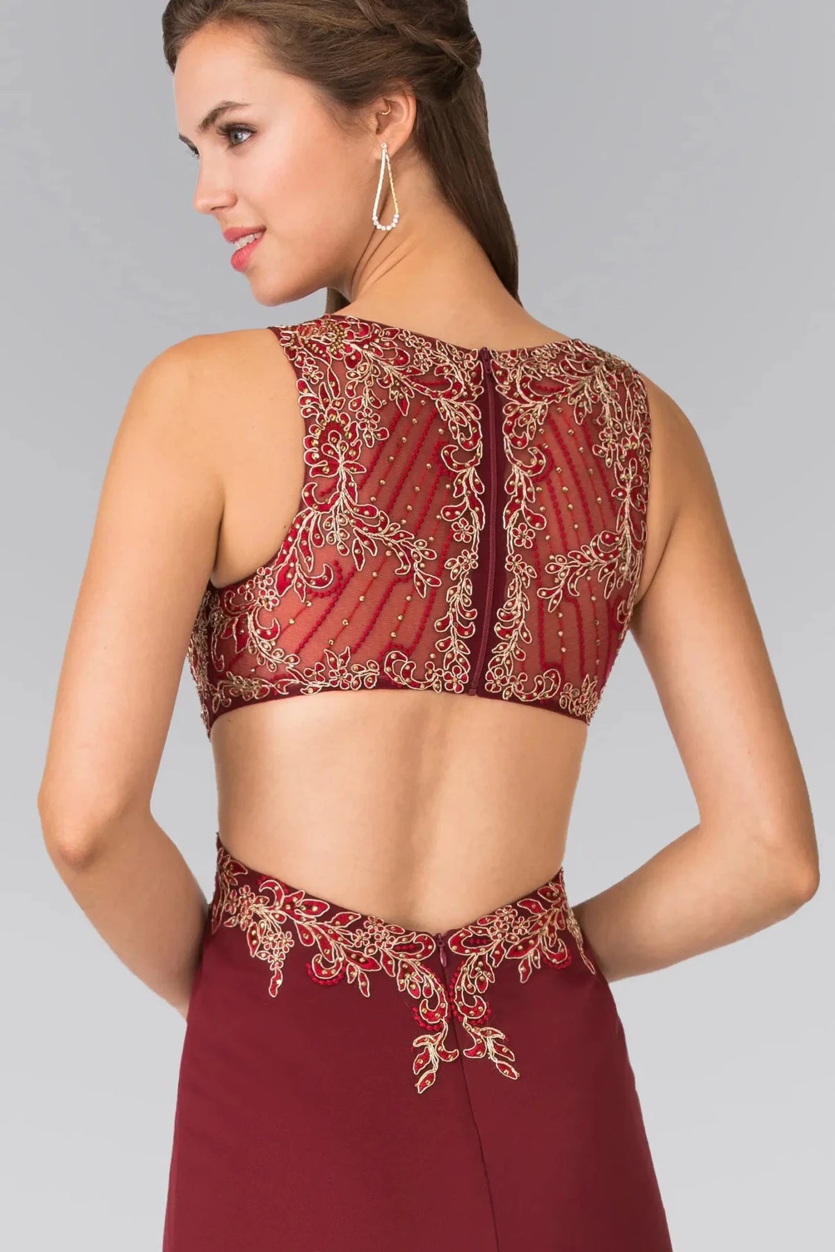 Burgundy prom evening dress mermaid skirt detail
