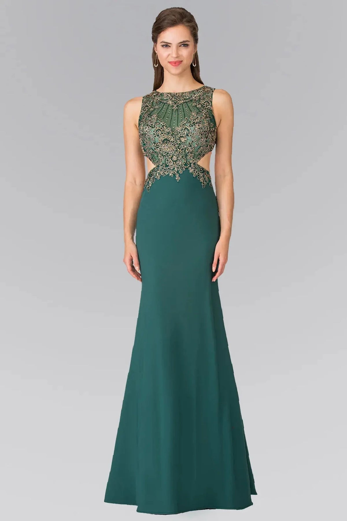 Green embroidered prom evening dress full front