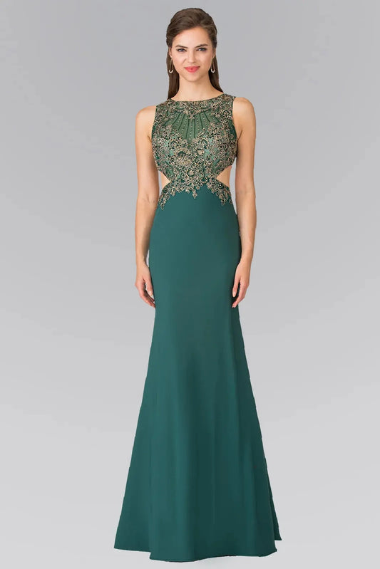 Full-length front view shows embroidered styling on the Green prom evening dress.