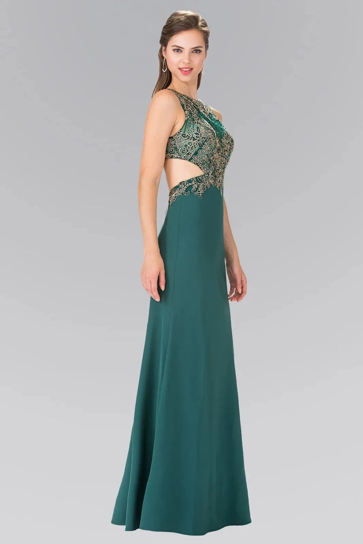 Green prom evening dress full back with sheer back