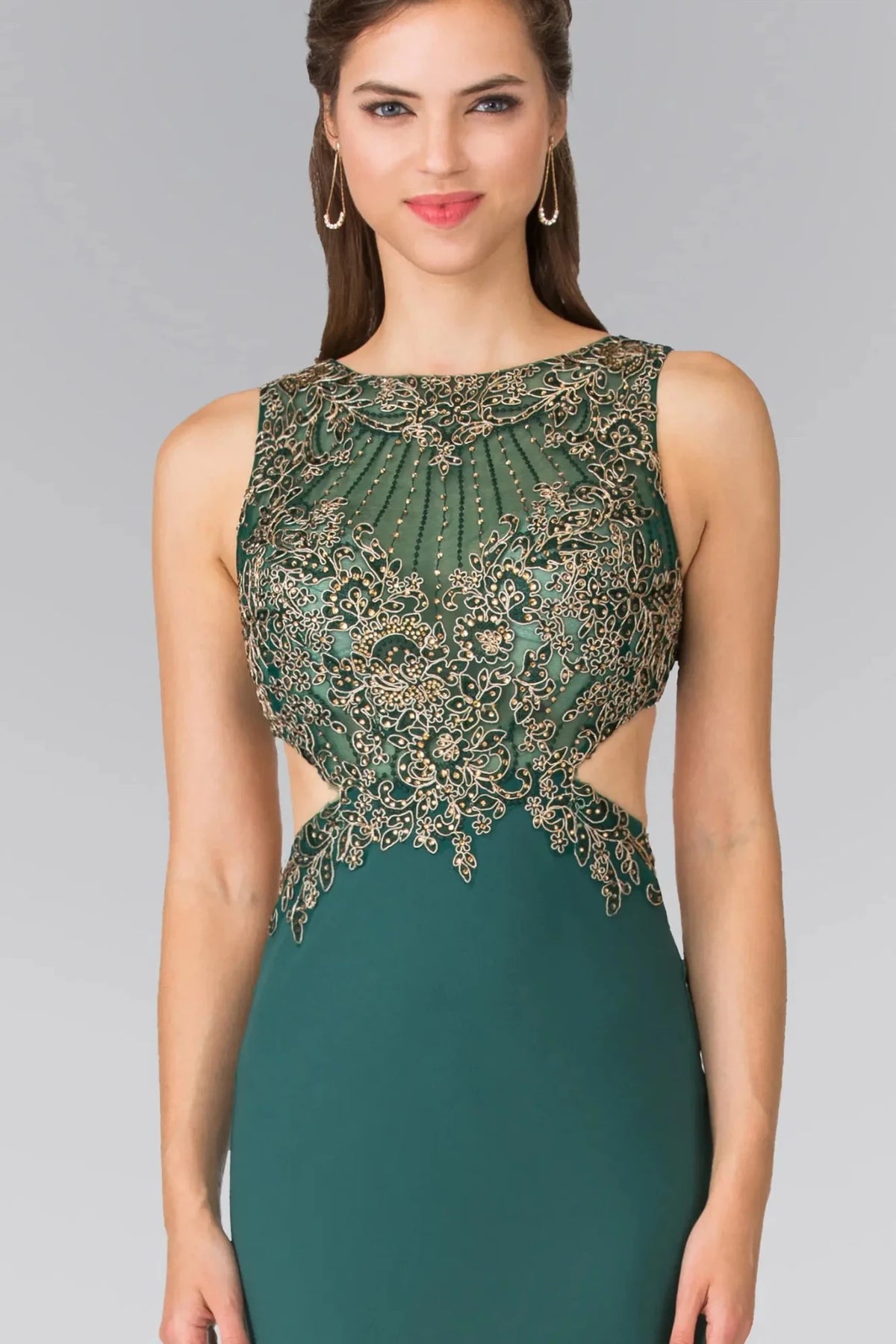 Green boat-neck prom evening dress upper front with embroidery, sheer detail, cut-out