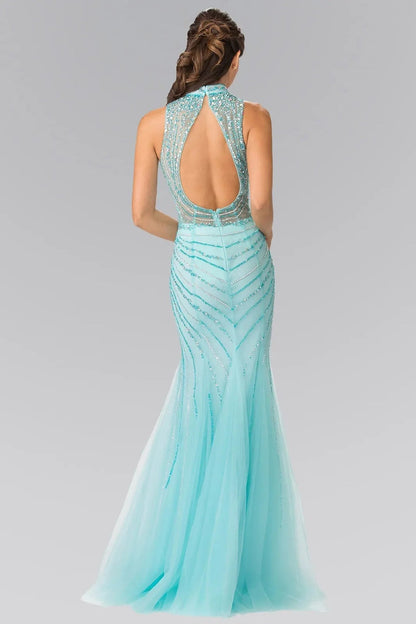 Back detail shows tiffany beading sequins formal dress back bodice detail.