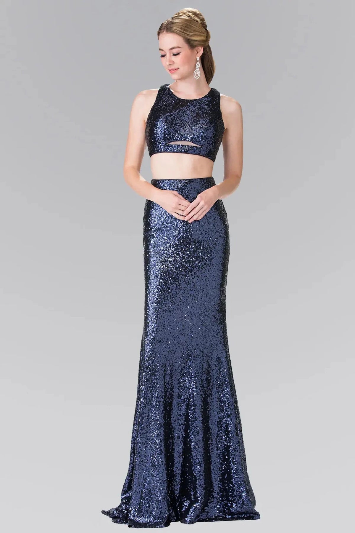 Navy sequin prom evening dress full front