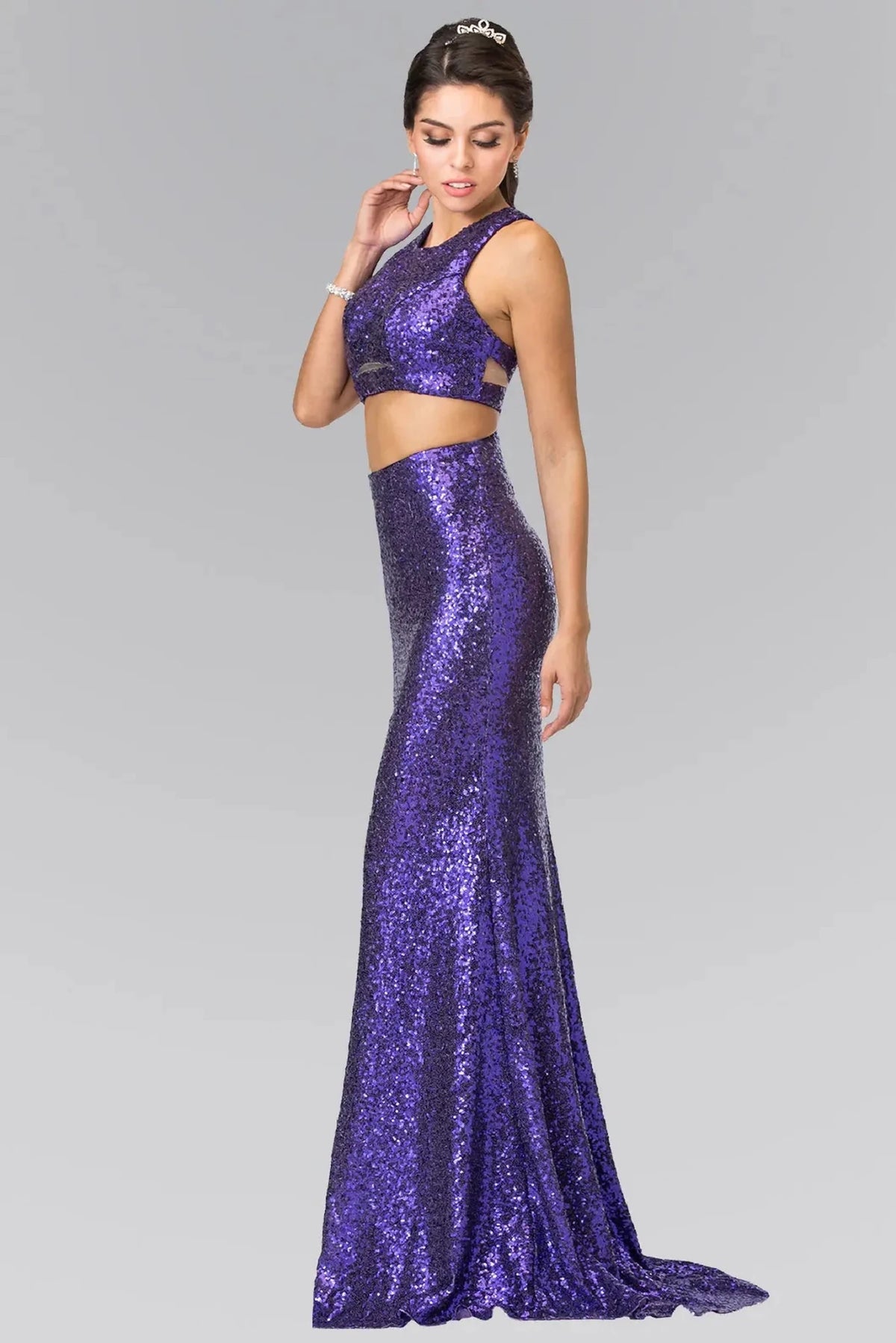 Purple sequin prom evening dress full front