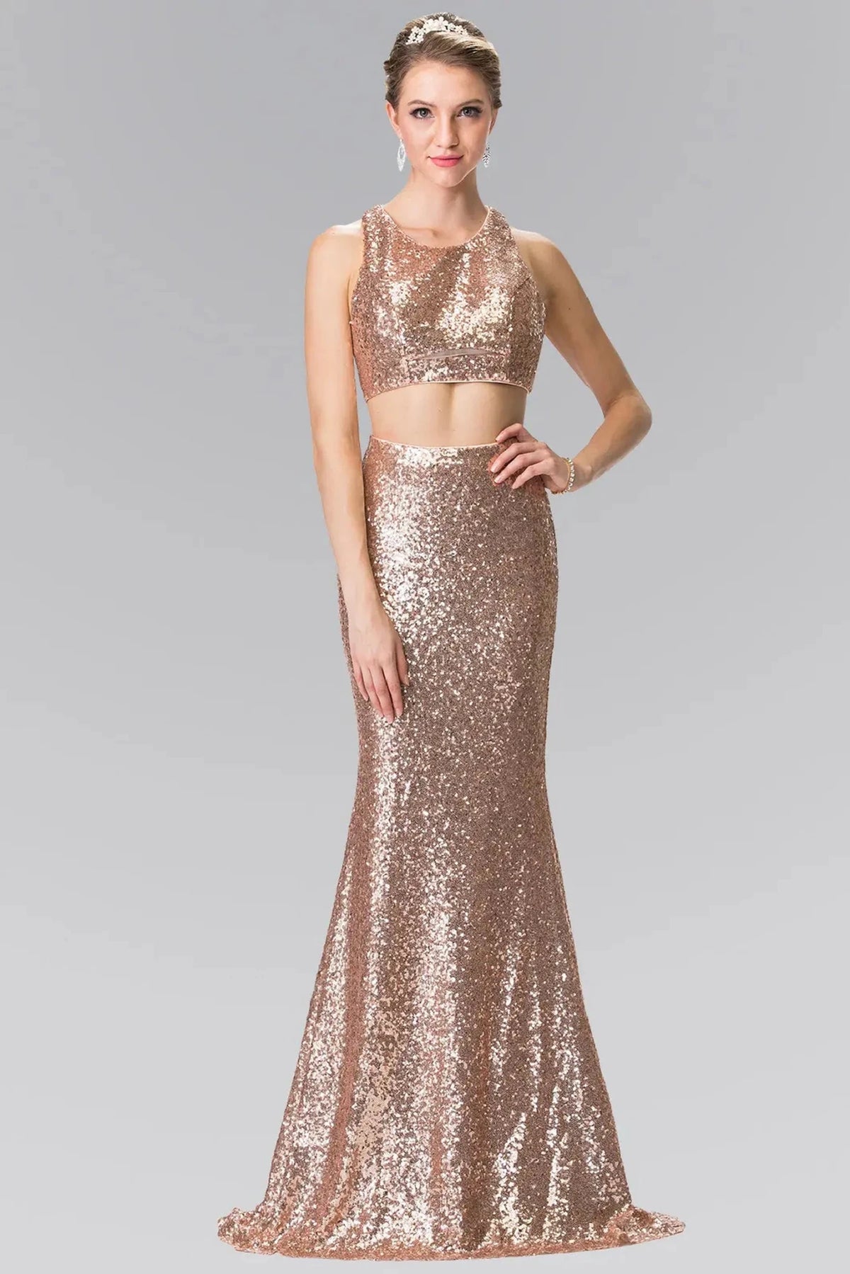 Rose Gold sequin prom evening dress full front