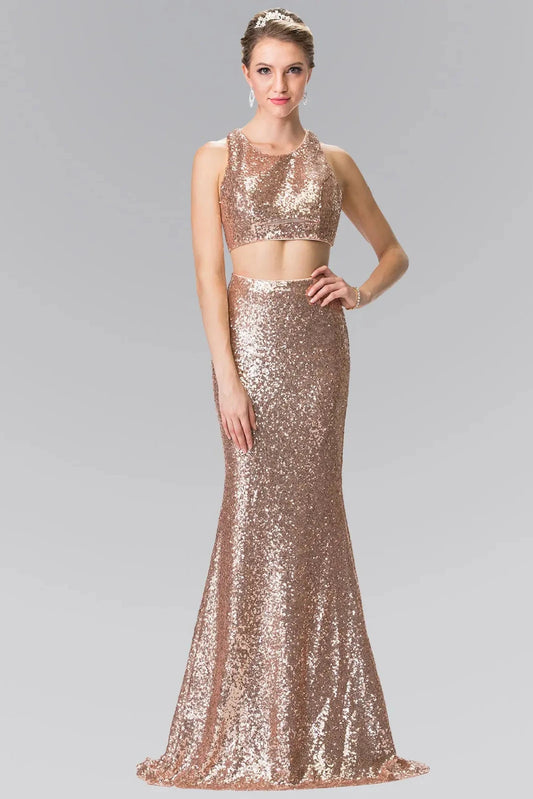 Full-length front view shows sequin styling on the Rose Gold prom evening dress.
